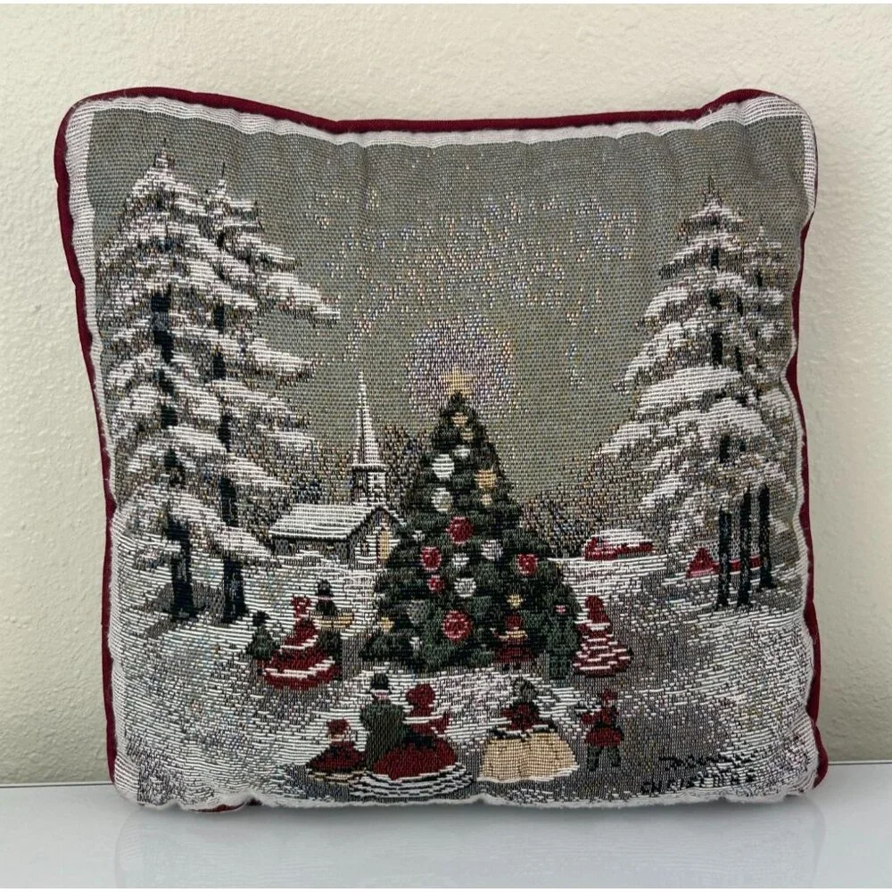 Tapestry Christmas Holiday Pillow 12x12 Tree Church Carolers Victorian Winter